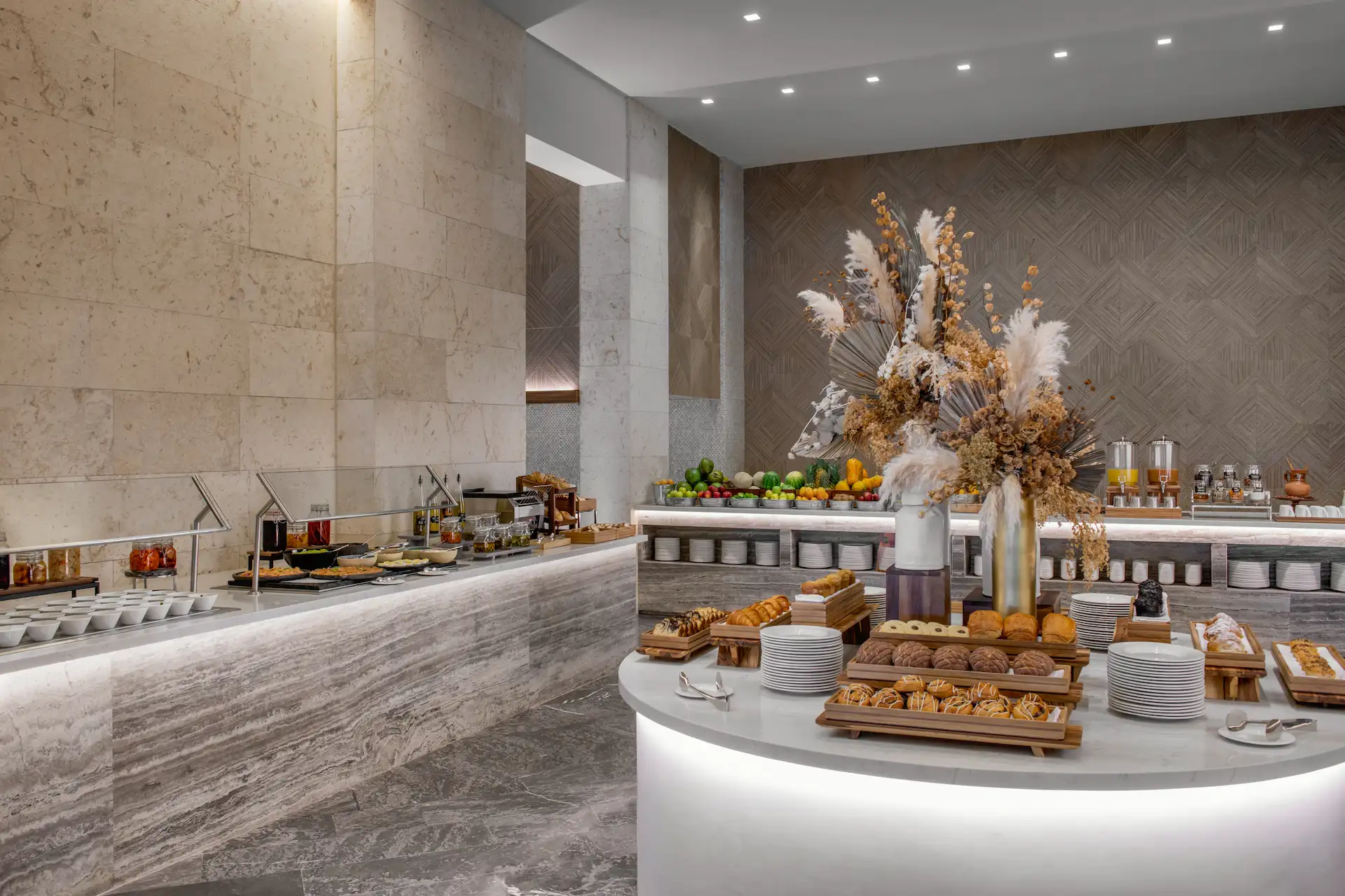 Colorful breakfast buffet display at Arbolea restaurant