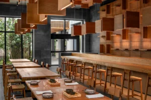 Interior of UKAI restaurant at Conrad Tulum Riviera Maya, featuring sleek modern design