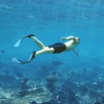 Man snorkeling in crystal-clear waters near Conrad Tulum Riviera Maya, enjoying vibrant marine life