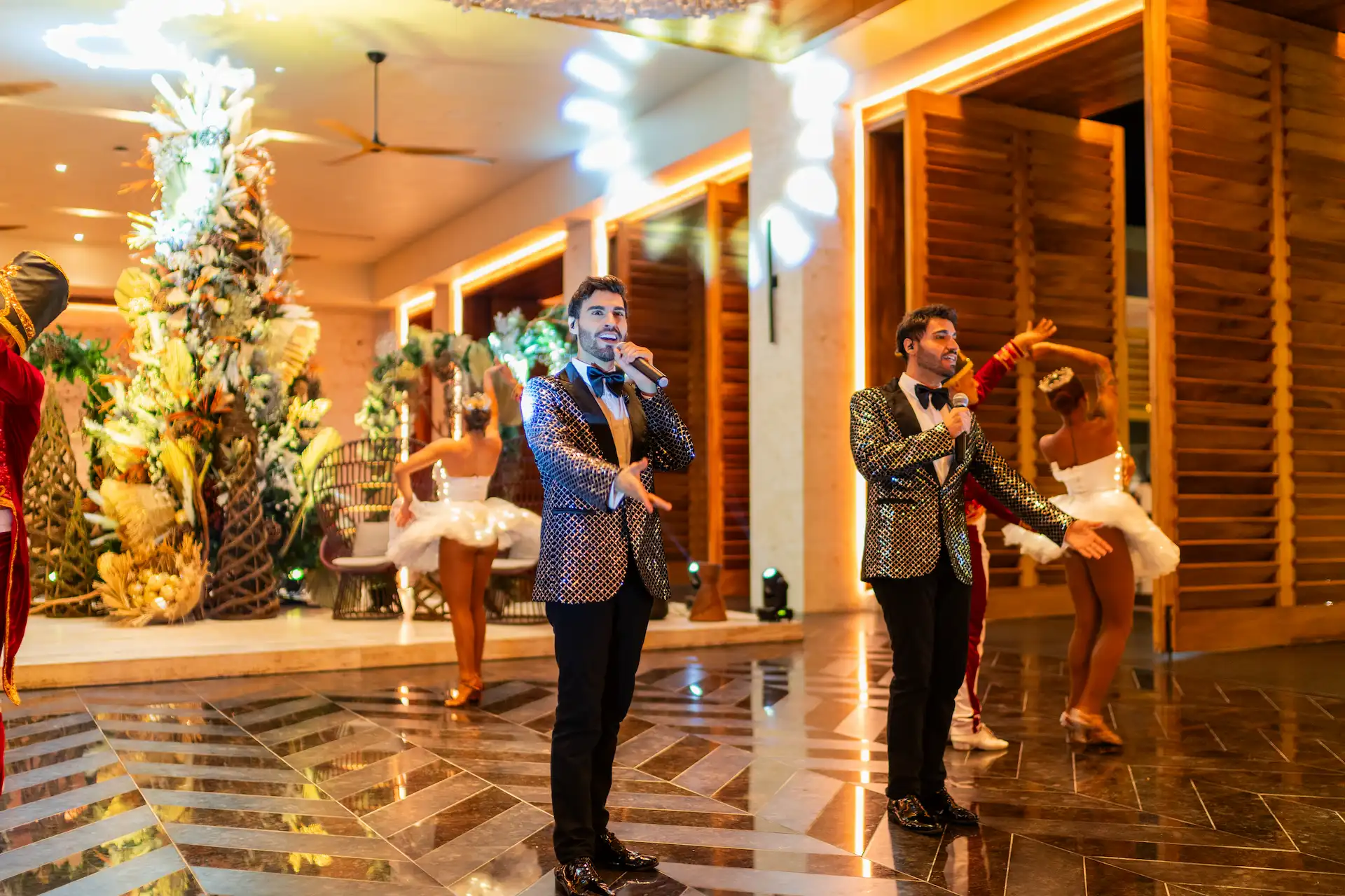 Singers performing with dancers on New Year's Eve at the Conrad Tulum Riviera Maya hotel